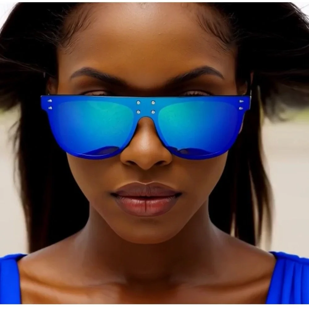 Flat Top Women Sunglasses Blue Mirror Lens Shield Fashion Trendy Beach‎ Female